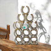 65CM ANTIQUE BRASS HORSESHOE 12 BOTTLE WINE RACK