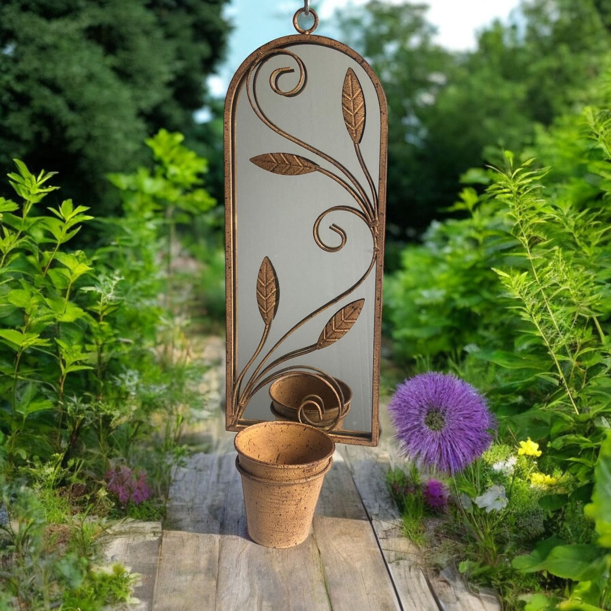 56CM RUSTY WALL MIRROR WITH PLANTER