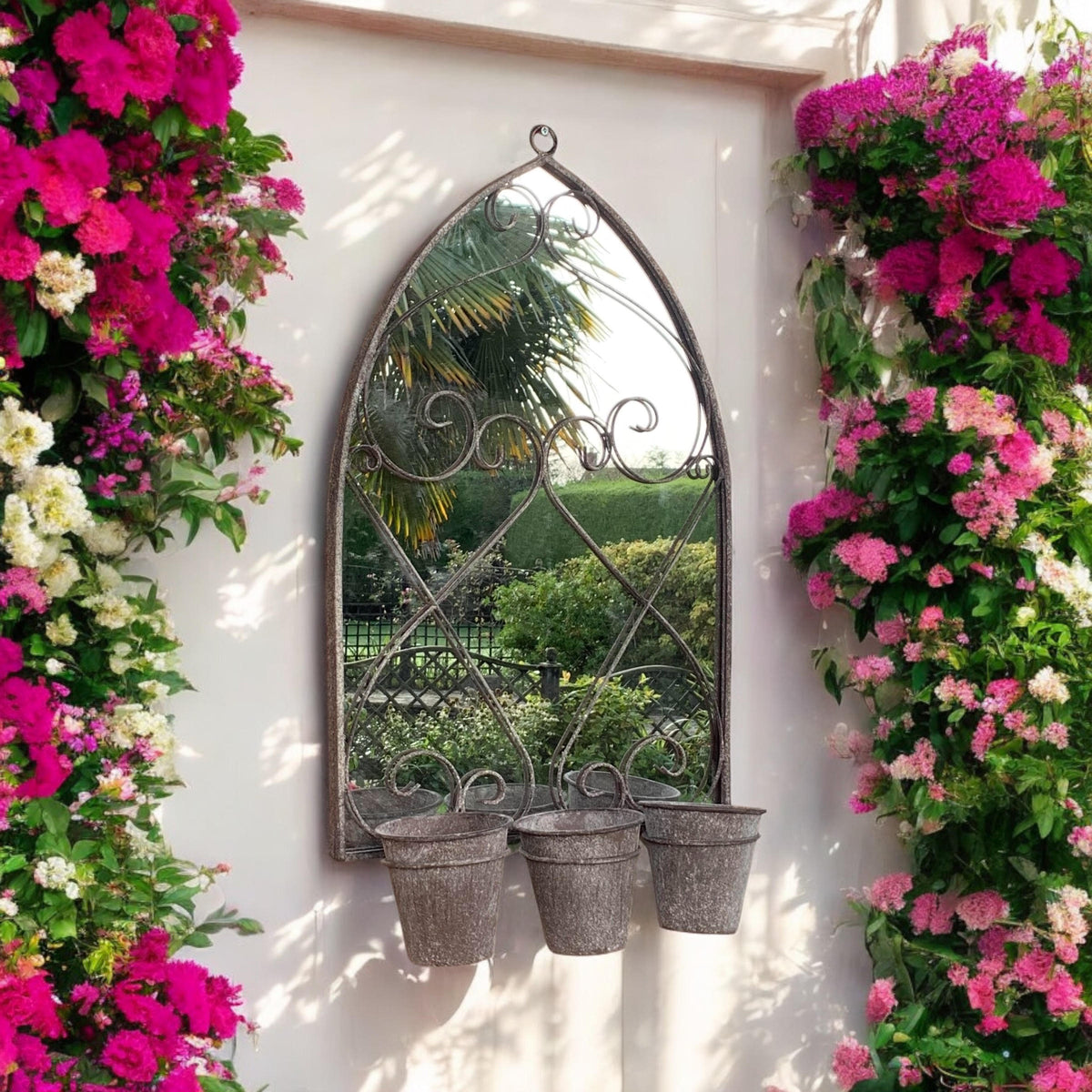 73CM RUSTY WALL MIRROR WITH TRIPLE PLANTER