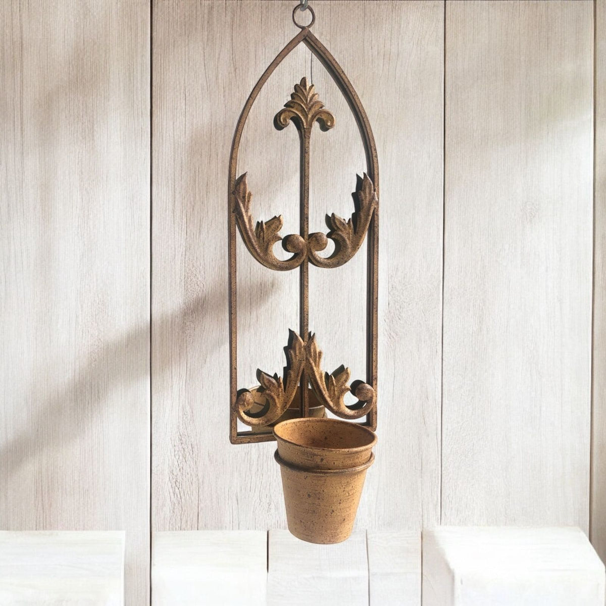 60cm RUSTY WALL MIRROR WITH SINGLE PLANTER
