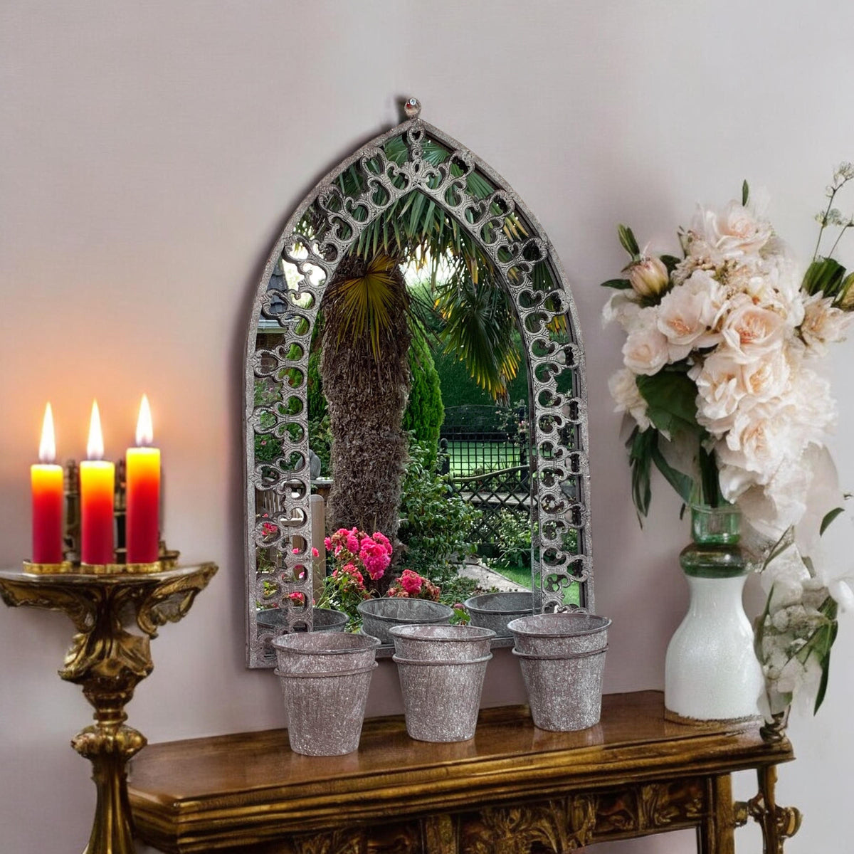 78CM RUSTY WALL MIRROR WITH TRIPLE PLANTER