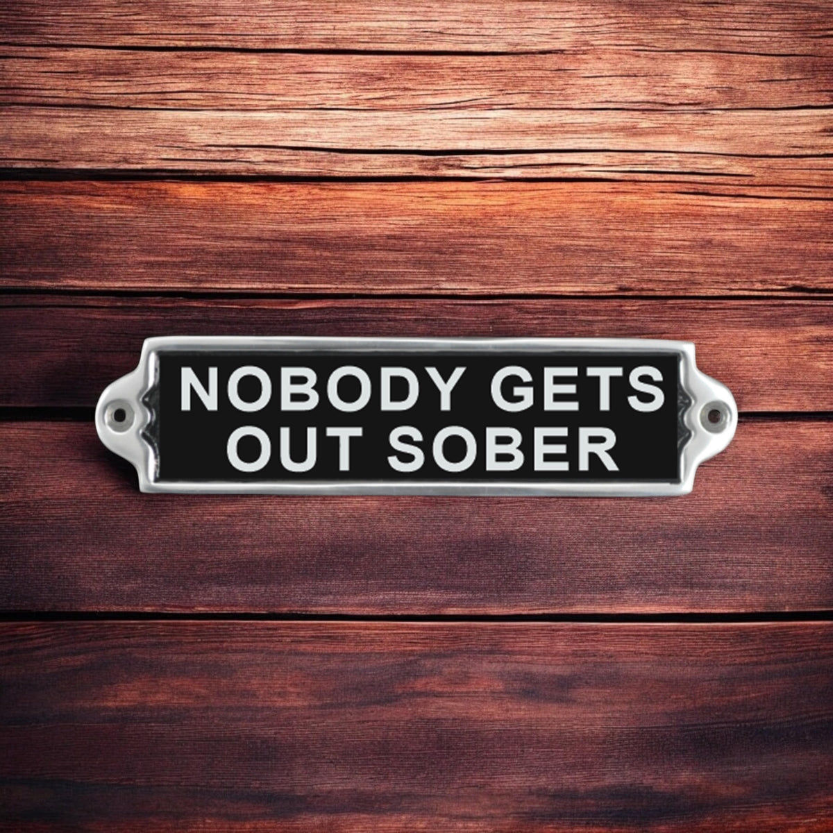 20CM ALUMINIUM NOBODY GETS OUT SOBER SIGN