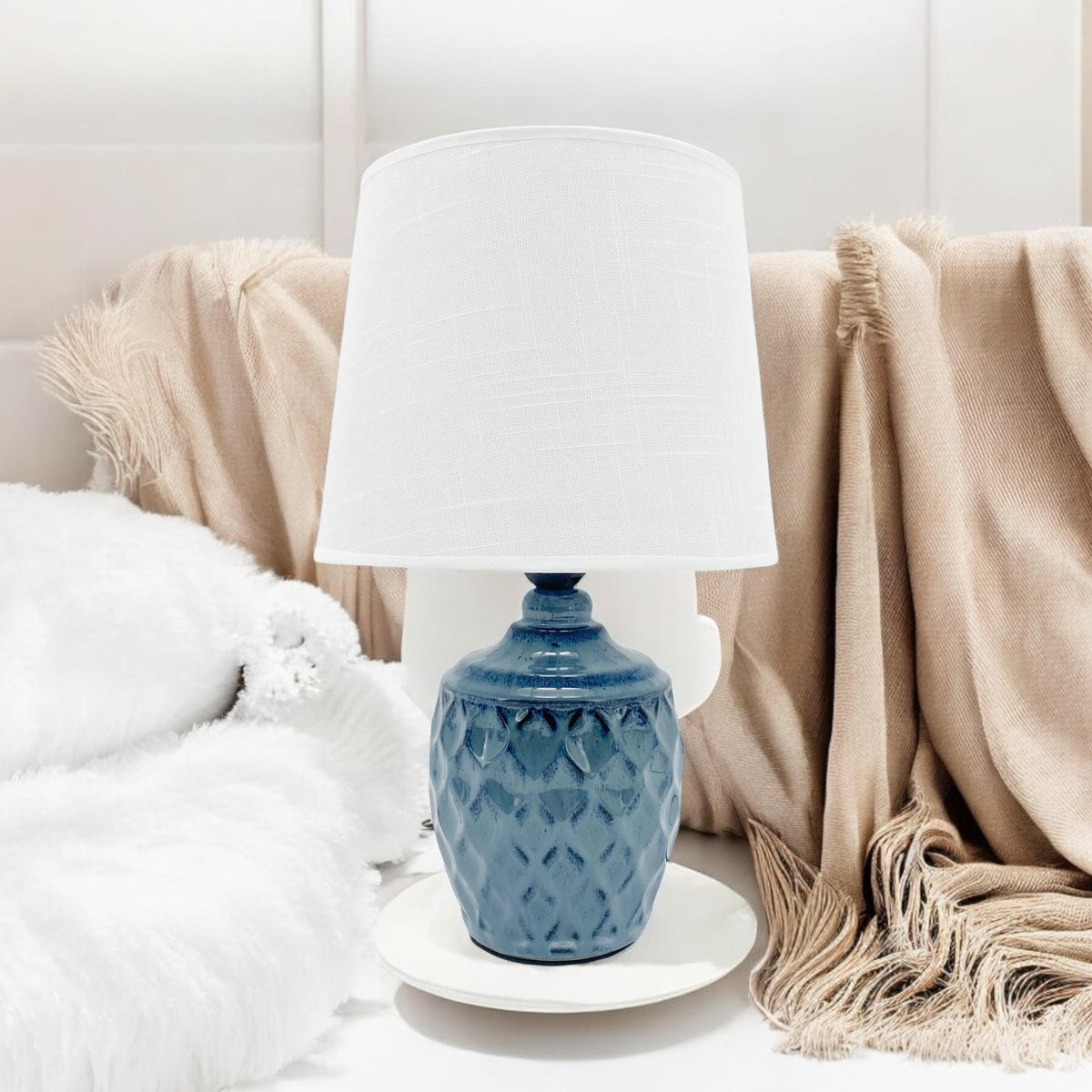 40CM BLUE CERAMIC LAMP AND SHADE