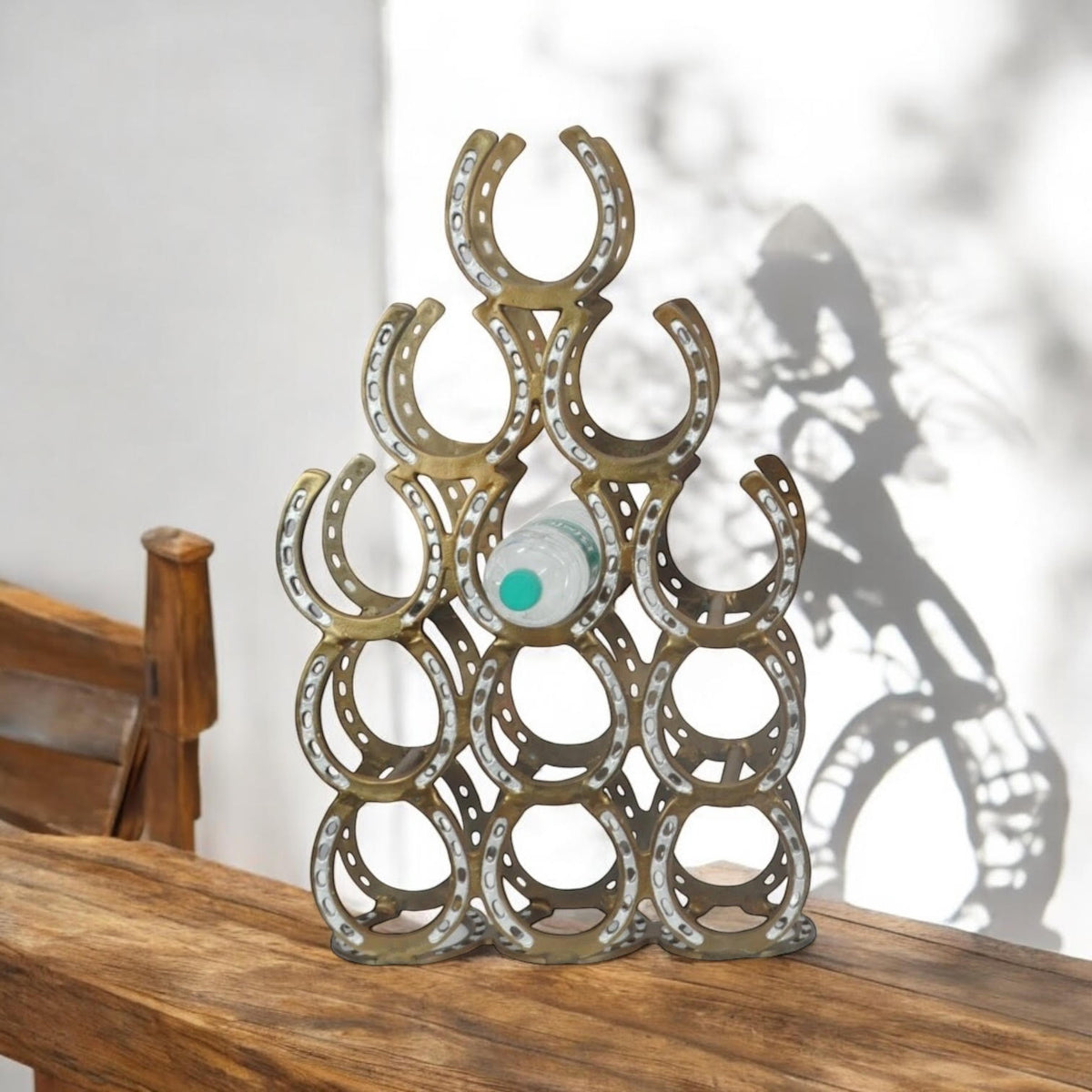 65CM ANTIQUE BRASS HORSESHOE 12 BOTTLE WINE RACK