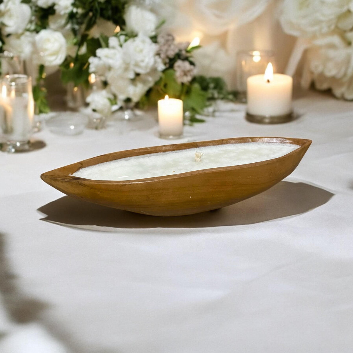 40cm TEAK ROOT BOAT BOWL WITH CANDLE