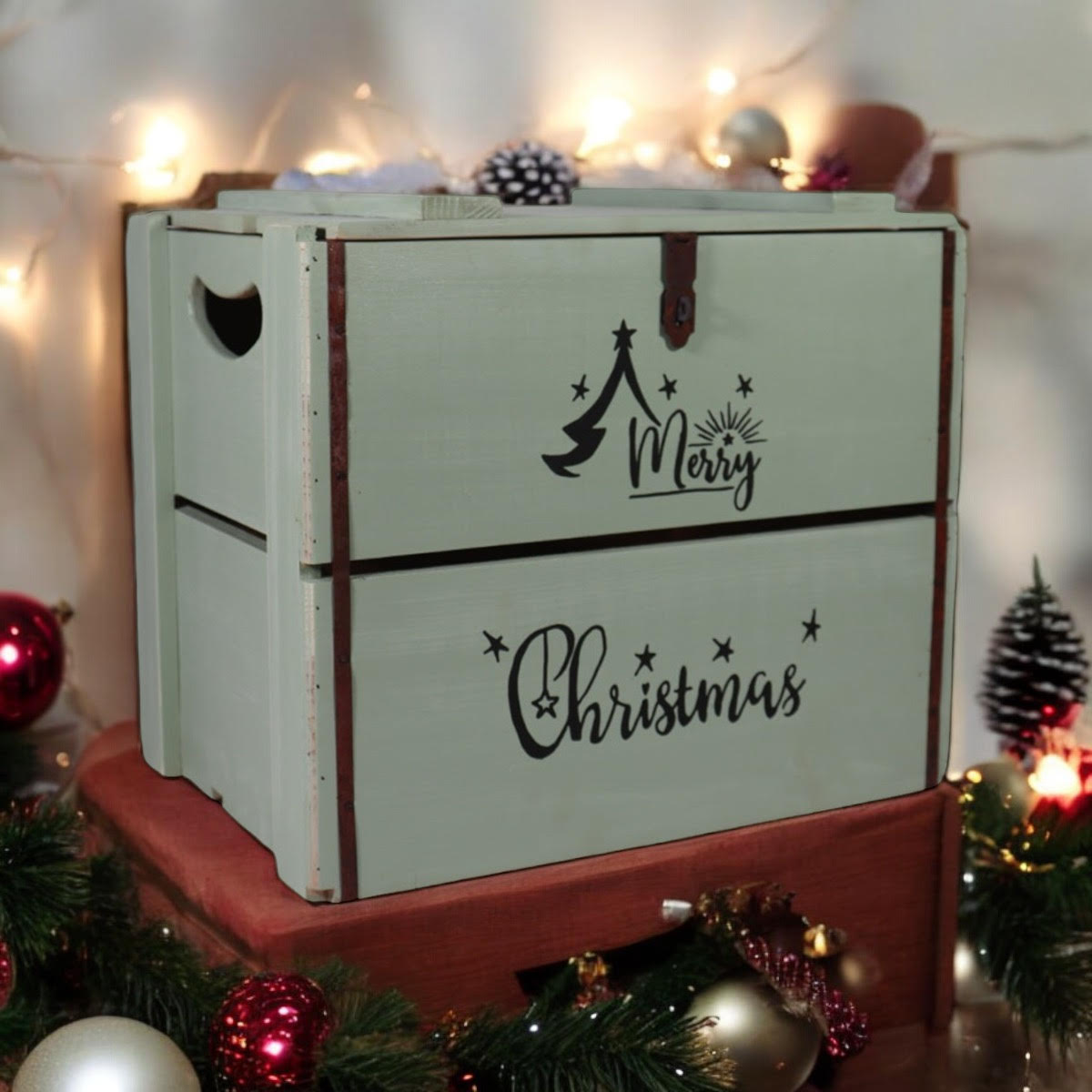 42CM RUSTIC GREEN WOODEN BOX