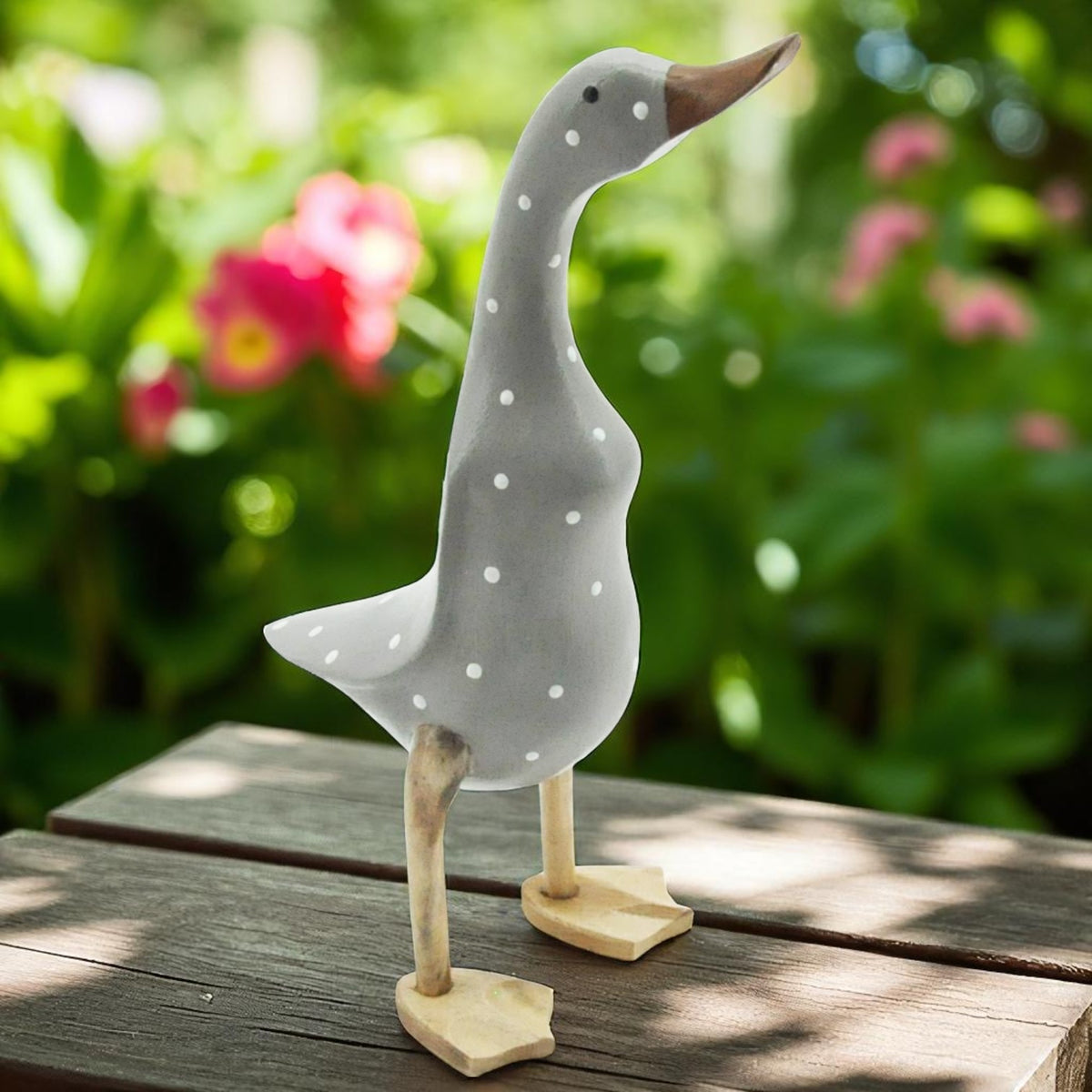 45cm CARVED WOODEN GREY DUCK WHITE SPOTS
