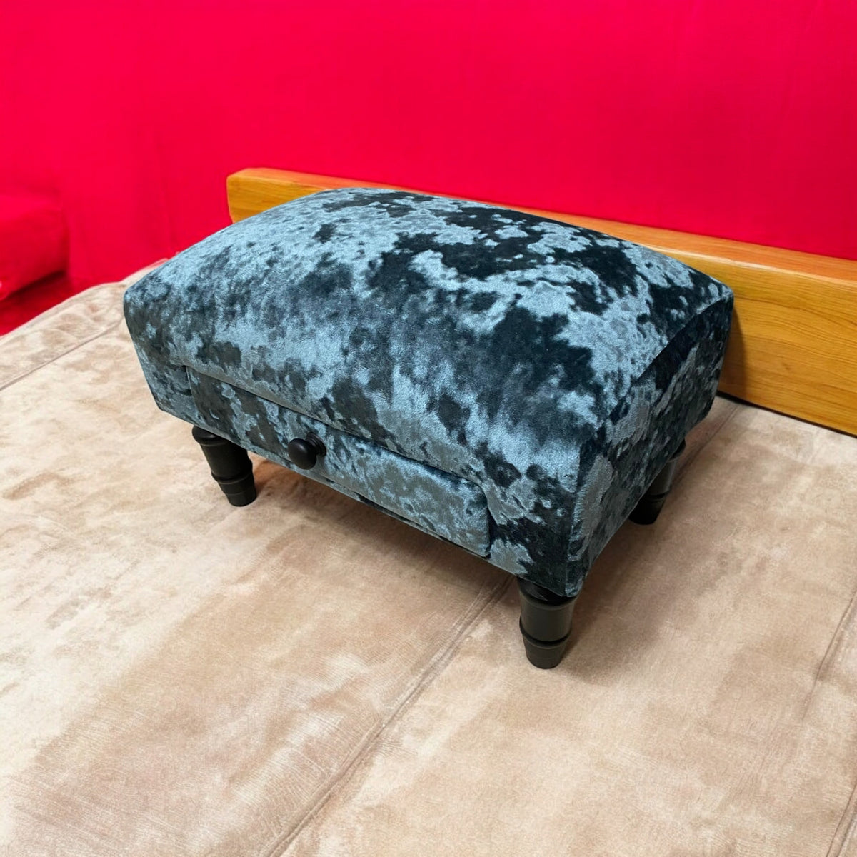 LUXURY BLUE VELVET FOOTSTOOL WITH DRAWER