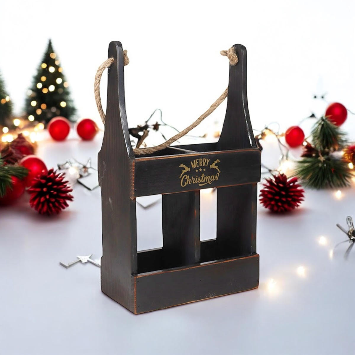 39CM WOODEN BLACK 2 BOTTLE WINE HOLDER